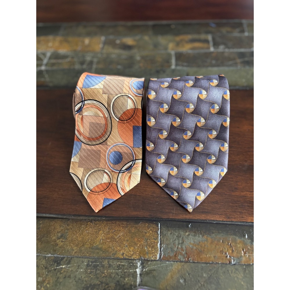 TWO Arrow & Meeting Street Vintage Silk Neckties Tan Brown Blue geometric circle